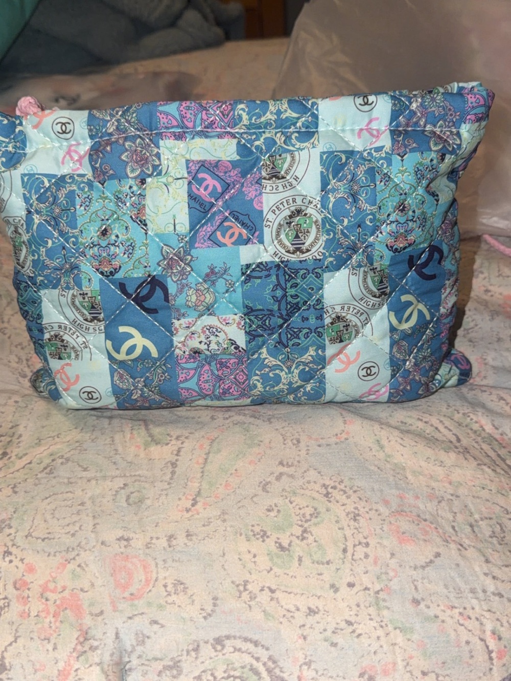 Fashion Brand Company Quilted Patchwork Cosmetic Bag in Blue & Pink